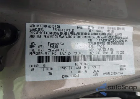 2016 Ford Focus Se z USA, uszkodzony, nr VIN 1FADP3K22GL399344